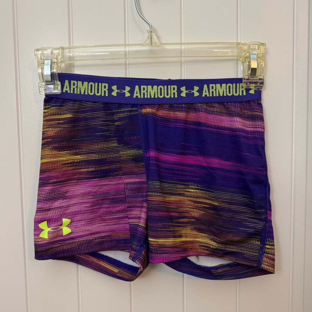Under Armour girls Purple and Yellow bike Shorts. Tag missing. Fits YM YL
